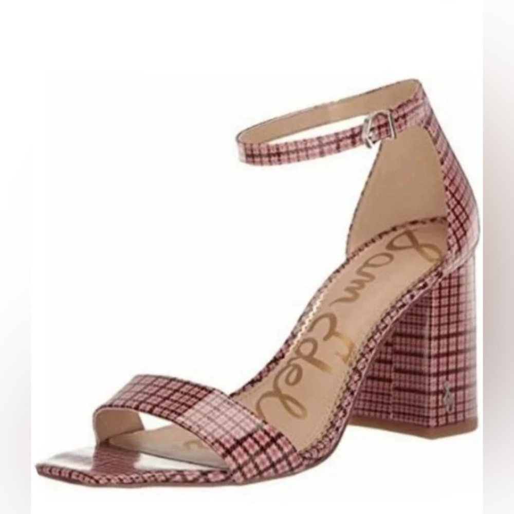 NWT SAM EDELMAN Yaro Cameo Pink Plaid Block Heel Strap Sandals. Size 9.